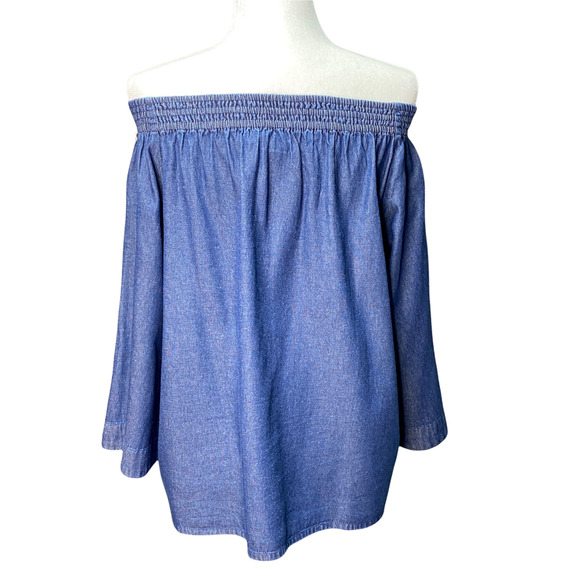 NE QUITTEZ PAZ | sz S Women's Denim Off Shoulder Black Embroidered Swing Top - Picture 6 of 7